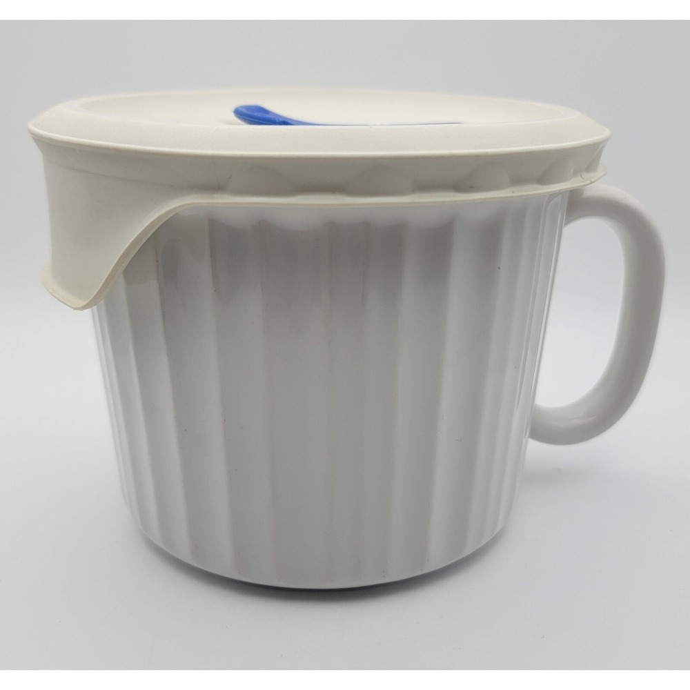 Corning Ware French White 20 Oz Stoneware Soup Cup/ Mug w/Plastic Vented Lid
